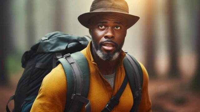 A man wearing a yellow shirt and a hat is walking through a forest. He is carrying a backpack and he is lost in thought