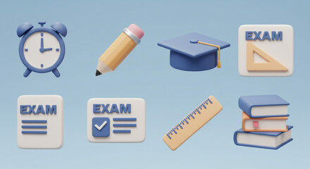 A flat lay of exam related items including an alarm clock pencil and books on a blue background