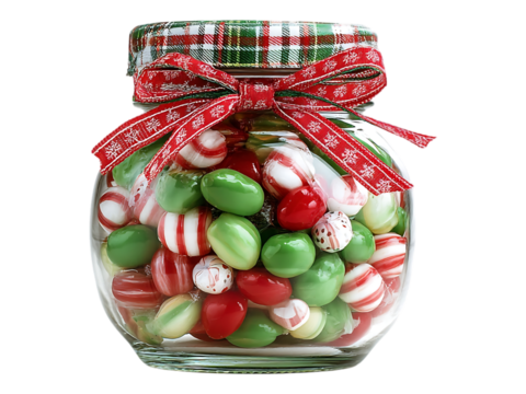 A glass jar filled with colorful christmas candies and decorated with a festive ribbon and plaid top