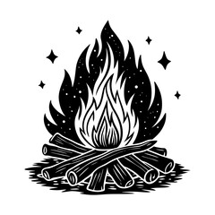 Campfire vector illustration for camping and outdoors adventures with wood fire and starry night sky scene