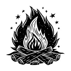 Campfire drawing illustration vector graphic design with flames and stars for camping outdoors trip