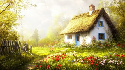 A picturesque cottage nestled amidst a vibrant flower-filled meadow.