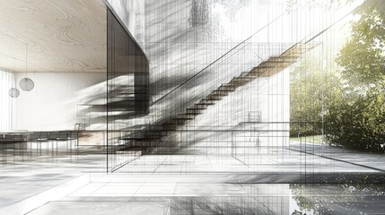 Modern architectural design sketch of a spacious interior with a wooden staircase.