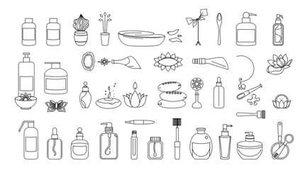 Outline drawing of assorted spa and wellness items including bottles plants and stones arranged neatly created with generated ai
