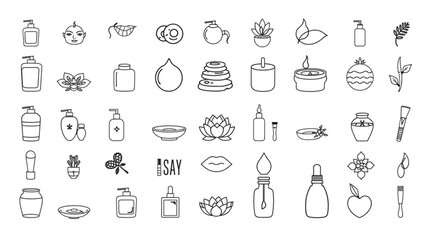 Collection of outlined spa and beauty icons featuring bottles, plants and other wellness elements created with generated ai