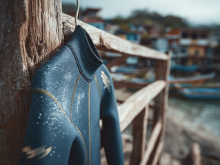 Wetsuit hanging on wood, backdrop of a seaside village, evokes a sense of adventure and aquatic pursuits. Represents sports, recreation, and coastal lifestyle.