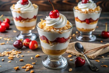 Layered coconut sundae bliss in glass with syrup, tropical fruits, whipped cream