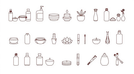 Outline drawing of various spa and beauty products including bottles and plant in brown color 100 created with generated ai