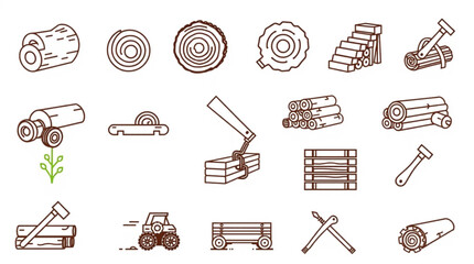 Collection of logging industry related icons featuring logs, tools, and transportation methods created with generated ai