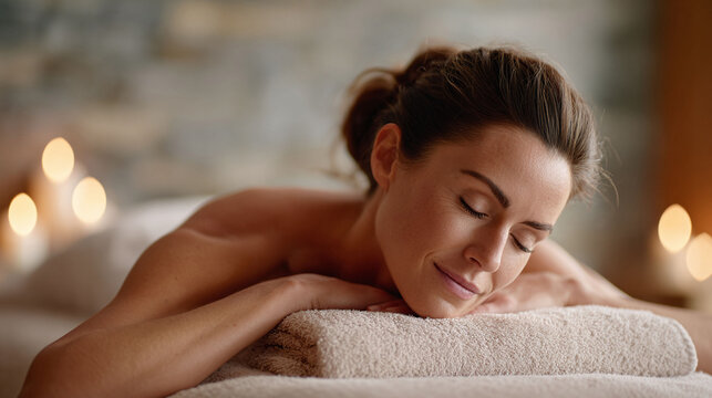 Serene woman relaxing at a spa, eyes closed. Captures tranquility and selfcare. Ideal for wellness, beauty, or mindfulness themes. Peaceful, calming imagery.