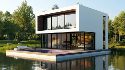 Modern house with a swimming pool on a lake.