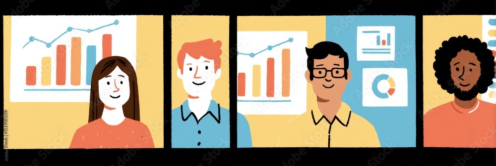 Poster virtual conference setting featuring avatars and data visualization charts during an interactive onl