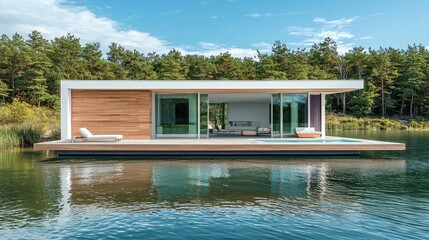 Modern floating house on a tranquil lake.