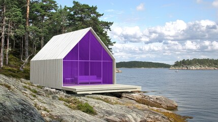 Modern cabin with purple interior situated on a rocky shoreline.