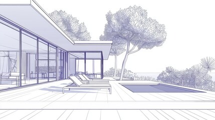 Outdoor architectural design of a modern house with a pool.