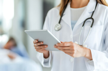 Healthcare professional using a digital tablet. Doctor in lab coat with stethoscope reviewing patient data. Modern medical technology in practice.