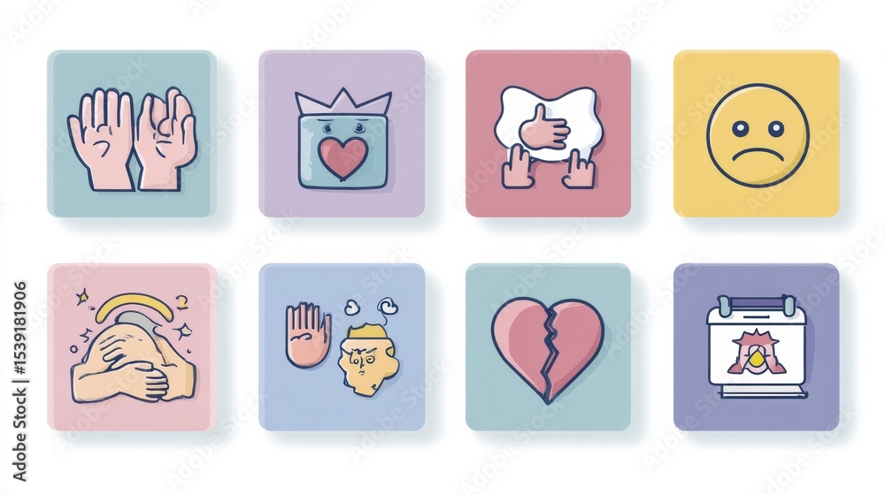 Poster recognizing signs of cyberbullying through neutral icons showcasing various emotions and interaction