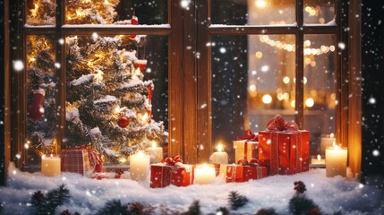 Snowy window, Christmas cheer. Warm lights illuminate a festive scene of a small Christmas tree, presents, and candles, viewed from a snow-covered windowsill