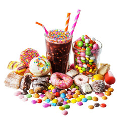 Colorful Assortment of Sweet Treats with Candy, Donuts, and Soda in a Playful Setting on transparent background
