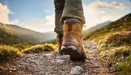 an adult boot taking its first step on the hiking trail