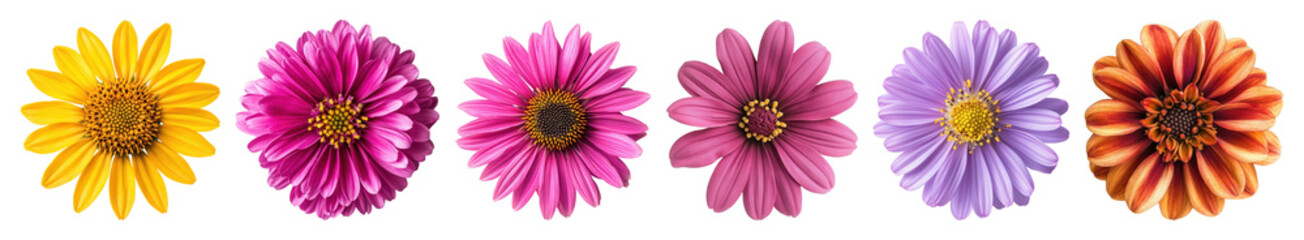 Obraz premium PNG Colorful vibrant daisy flowers row, element set on transparent background