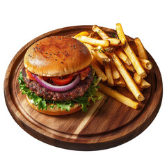 Delicious hamburger with fresh toppings and crispy fries on a wooden board on transparent background