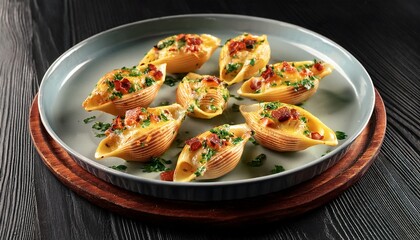 delicious baked pasta shells with cheese and bacon topped with fresh herbs