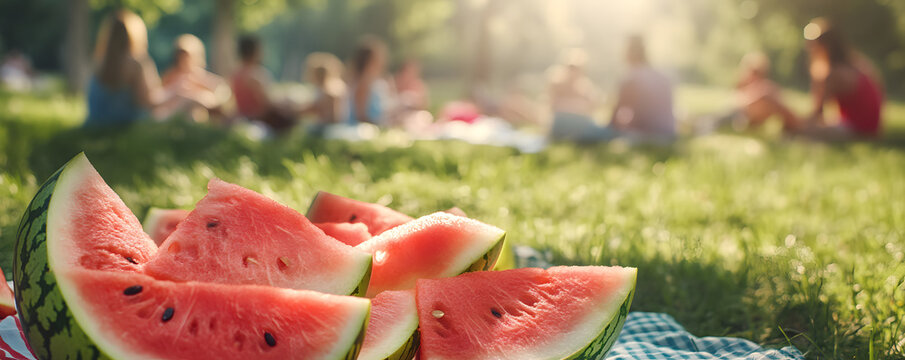 Friends having a picnic in the park for National Watermelon Day, August 3rd, refreshing watermelon slices and good times, 4K hyperrealistic photo.