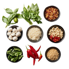 Fresh Ingredients for Spicy Asian Cuisine: Basil, Chilies, Garlic, Rice, and Peanuts in Black Bowls on transparent background