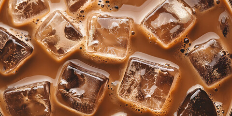a refreshing iced coffee, a macro and full-frame texture shot, close-up texture, top view