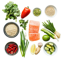 Fresh Ingredients for a Healthy Salmon Dish with Herbs, Citrus, and Spices in a Bright Kitchen Setting on transparent background