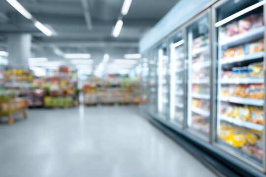 Blurred background of a frozen food display in a grocery store, with a white floor and wall In the foreground, there is an empty space with shelves filled with coolers full of products Generative AI