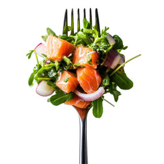 Fresh Salmon Salad with Greens and Onions on a Fork, Perfect for Healthy Eating on transparent background