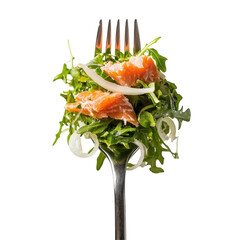 Fresh Arugula Salad with Smoked Salmon on a Fork, Perfect for Healthy Eating on transparent background