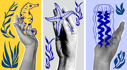 Ocean life trendy collage design. Halftone hands holding sea horse, jellyfish and starfish. © Aliaksandra