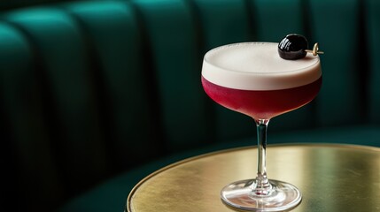 Crimson cocktail with cream, cherry garnish