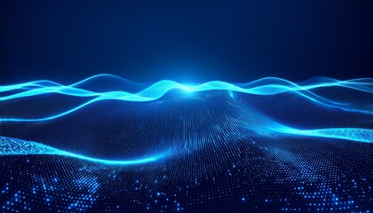 Naklejka premium blue digital wave particles glowing dark background abstract tech design