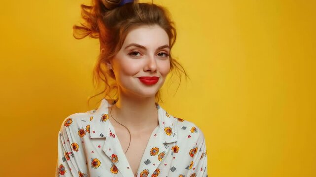 A young woman in her pajamas with puckered lips giving an affectionate gesture.