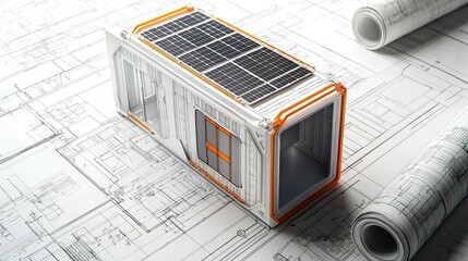 Small sustainable dwelling design on architectural blueprints.