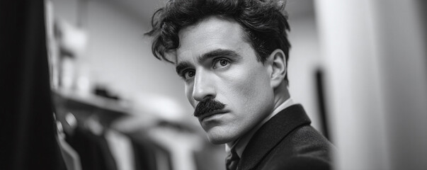 Intense monochrome portrait of a stylish man with a striking mustache, exuding vintage charm. Evokes nostalgia, mystery, and classic elegance. Great for period pieces.