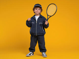 Young child dressed in sporty tennis attire, confidently holding a racket, standing against a vibrant yellow background, showcasing enthusiasm for the game and a playful spirit