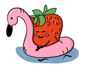 Cute strawberry character relaxing on a pink flamingo float in water. Concept represents summer fun, fruity leisure and tropical vacation vibes