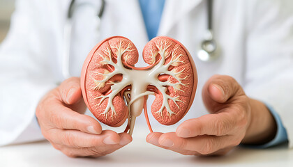 Doctor holds a kidney model, showcasing its intricate internal structure, emphasizing healthcare and anatomical study.