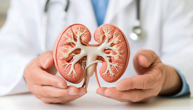Doctor holds a kidney model, showcasing its intricate internal structure, emphasizing healthcare and anatomical study.