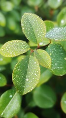 Fresh green leaves adorned with glistening water droplets capture the essence of nature's beauty, highlighting the intricate details and textures in this stunning macro shot.