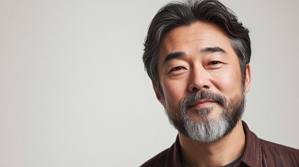 Confident middle-aged Asian man with salt-and-pepper beard and hair, wearing a maroon shirt, looking directly at camera with warm, wise expression against neutral background