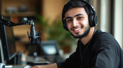A young man with headphones smiles while working at a modern desk, showcasing a vibrant workspace filled with technology and greenery, capturing the essence of remote productivity and creativity.