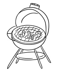 Charcoal grill with sausages on the grate, hand drawn in simple black outline. Concept represents summer barbecue, outdoor cooking and picnic leisure