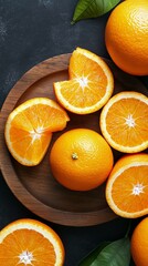 Freshly cut oranges arranged on a wooden plate, showcasing their vibrant orange color and juicy texture, perfect for food photography, healthy recipes, and citrus-themed content.