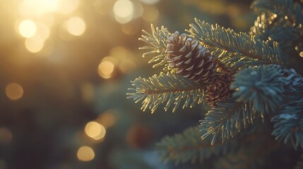 Captivating close-up of a pine cone nestled among evergreen branches, illuminated by soft sunlight, creating a tranquil, nature-inspired atmosphere suitable for seasonal themes.